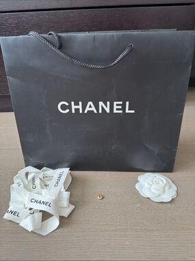 Chanel Shopping Tote Gift Bag Empty with Flower Ribbon Button 13”x10.5”x5.5”